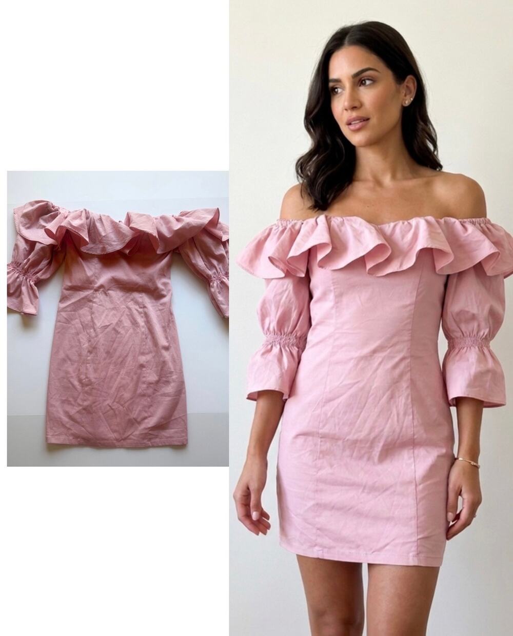 Camila Coelho x Revolve Off Shoulder Ruffle Mini Dress XS Blush Pink Puff Sleeve